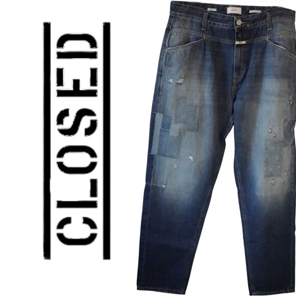Closed, X-lent Patchwork Boyfriend Distressed High Rise Jeans, Blue - Picture 1 of 6